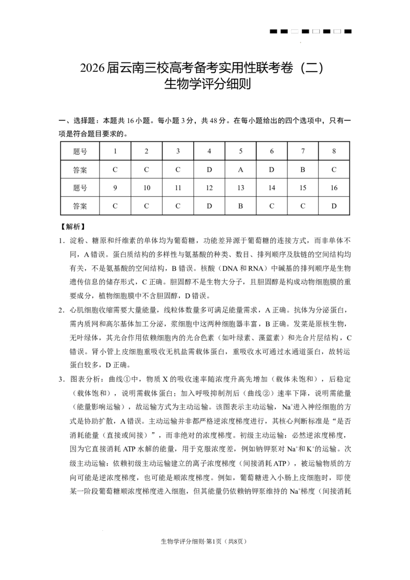 2026届云南三校高考备考实用性联考卷（二）生物-答案_2025年8月_2508262026届云南三校高考备考实用性联考卷（二）_云南三校2026届高考备考实用性8月联考卷（二）生物+答案