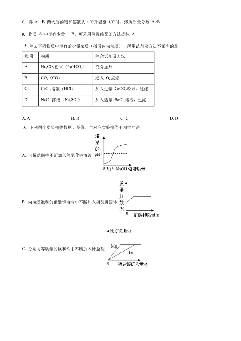 精品解析：山东省聊城市2021年中考化学试题（原卷版）_中考真题_5.化学中考真题2015-2024年_地区卷_山东省_山东聊城化学10-21