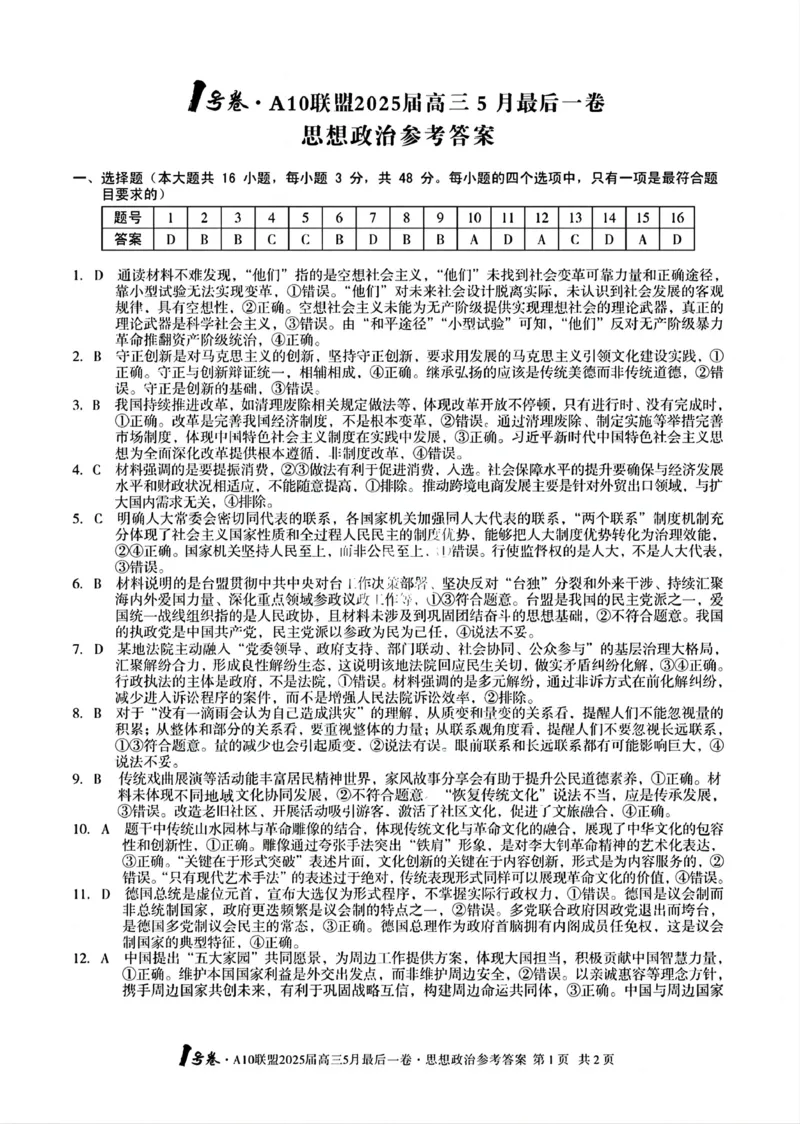 1号卷&middot;A10联盟2025届高三5月最后一卷政治答案_2025年5月_250519安徽省1号卷&middot;A10联盟2025届高三5月最后一卷（全科）