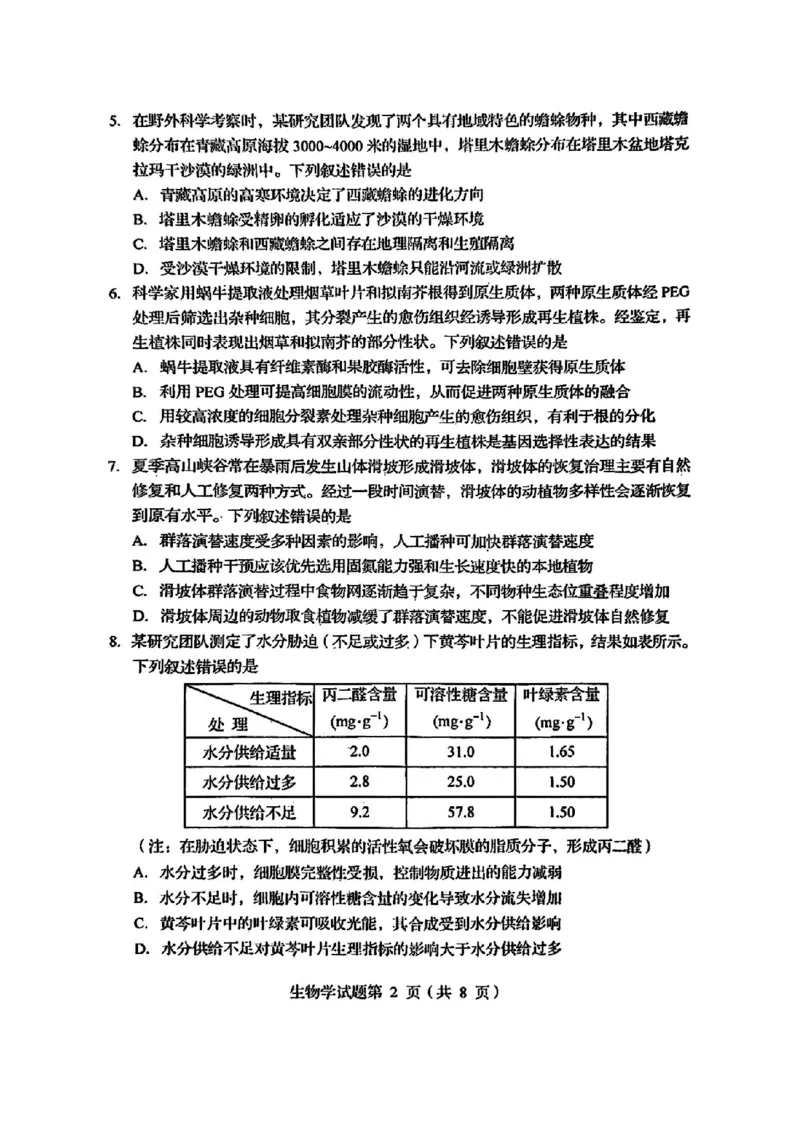 2025年1月四川省普通高等学校招生考试适应性测试（八省联考）生物（四川）_2025年1月_2501062025年高考综合改革适应性演练（八省联考）