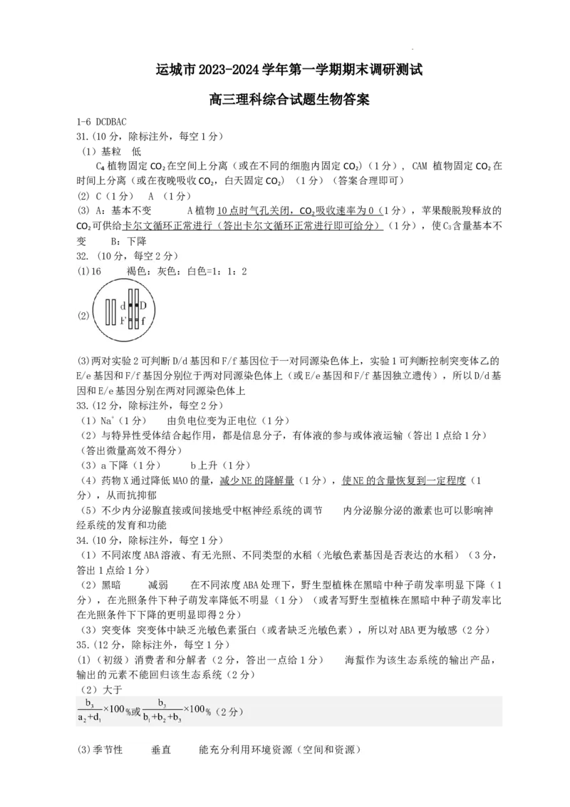 高三期末理综生物答案_2024届山西省运城市高三上学期期末调研测试_山西省运城市2024届高三上学期期末调研测试理综