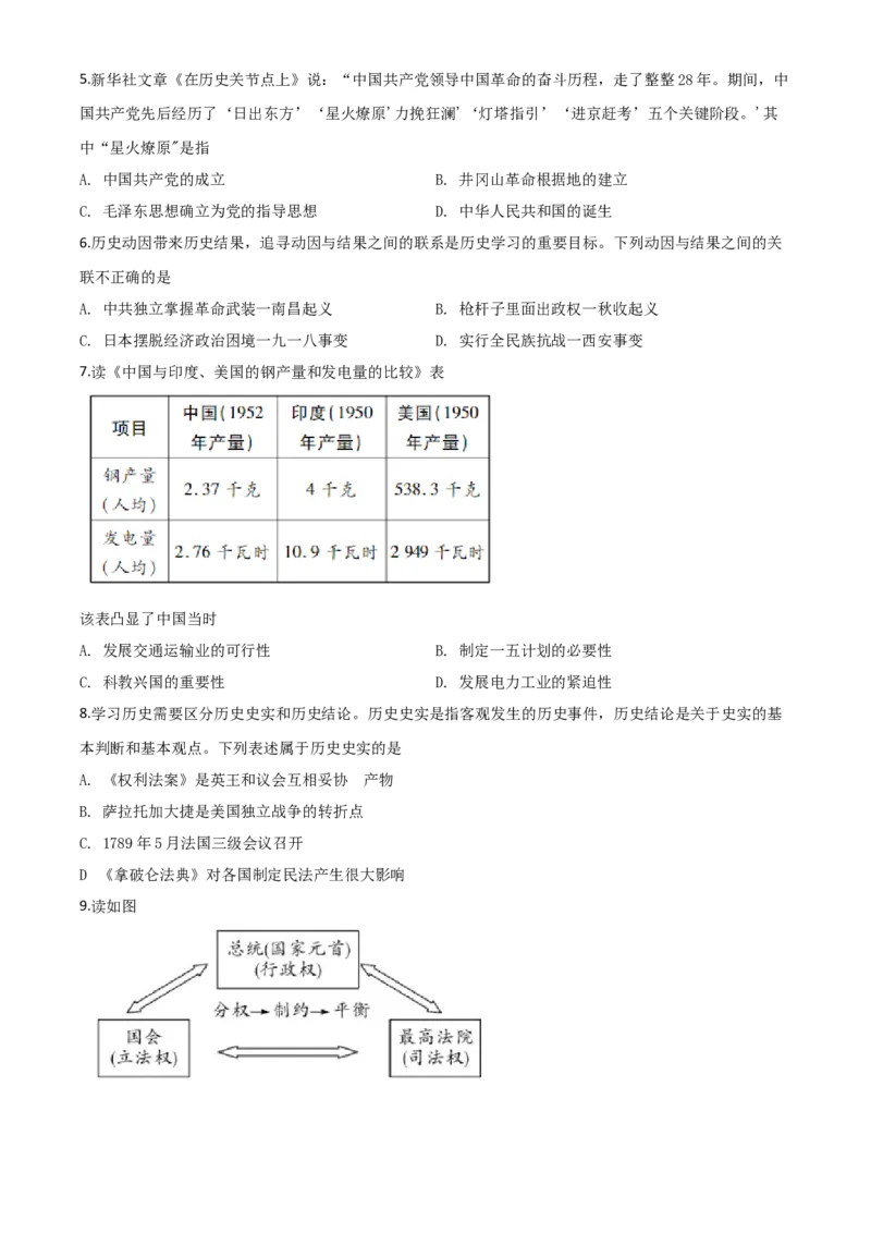 精品解析：湖北省鄂州市2020年中考历史试题（原卷版）_中考真题_6.历史中考真题2015-2024年_2020历史真题79份_2020年中考真题精品解析历史（湖北鄂州卷）精编word版