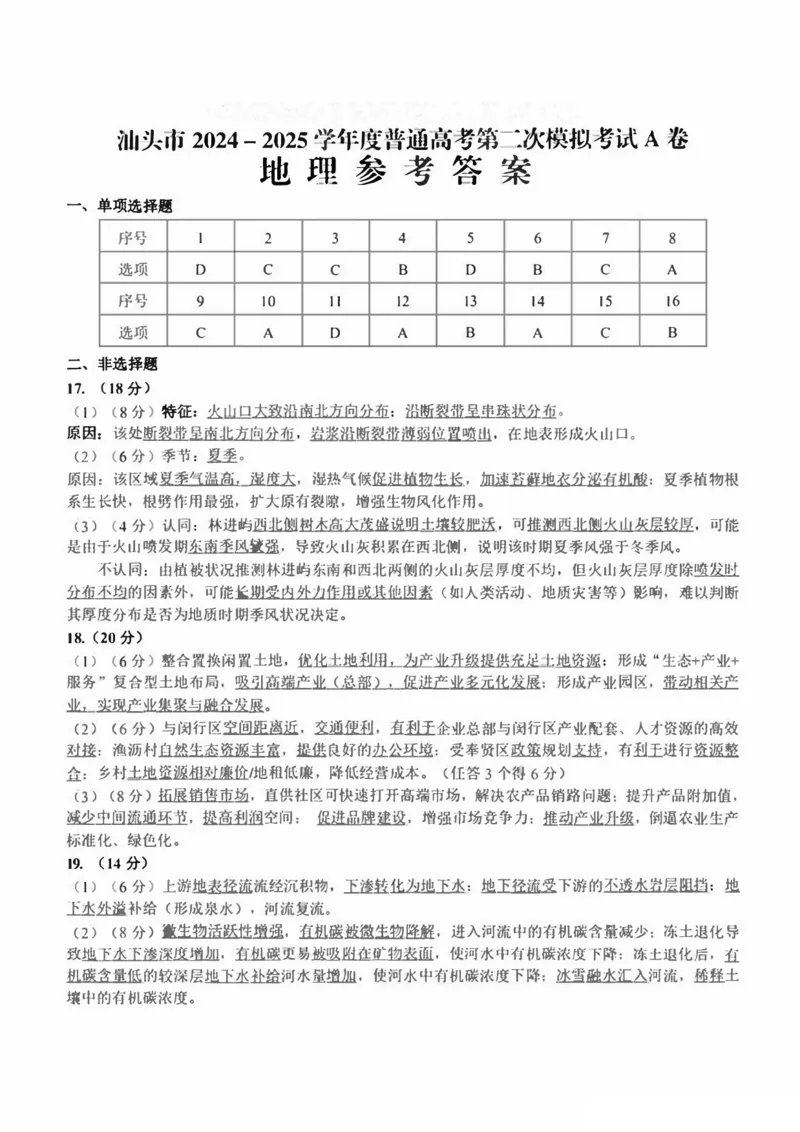 2025年汕头市高三二模-地理答案_2025年4月_250428广东省汕头二模2025届高三第二次模拟考试（全科）_2025届广东省汕头市高三下学期普通高考第二次模拟考试地理