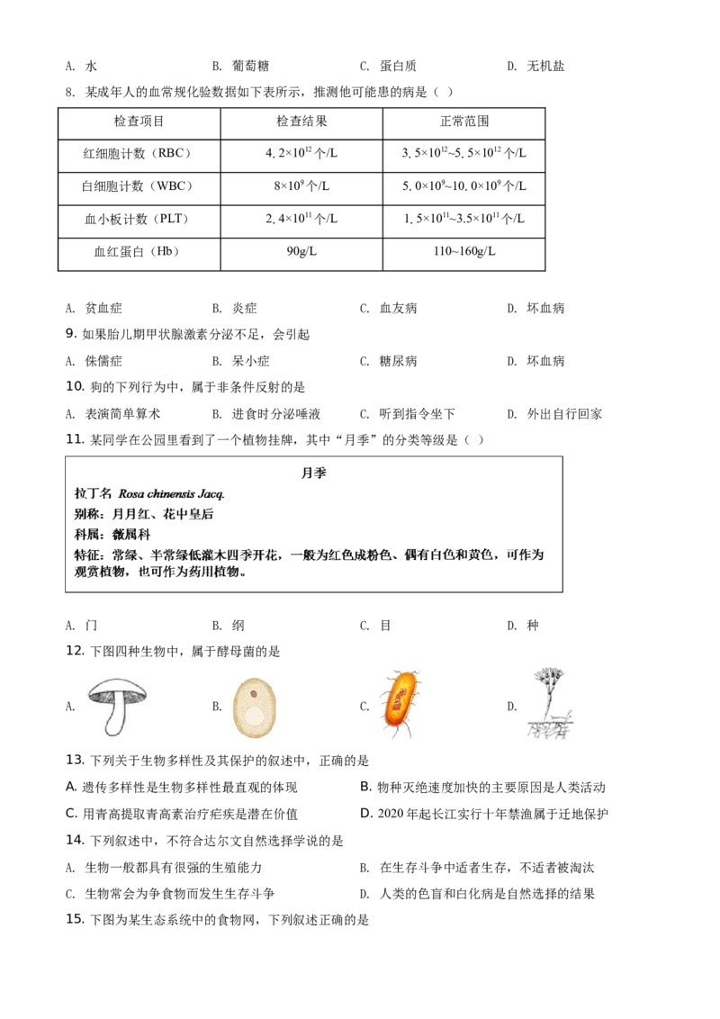精品解析：江苏省常州市2021年中考生物试题（原卷版）_中考真题_8.生物中考真题2015-2024年_地区卷_江苏省_江苏常州生物只有2021