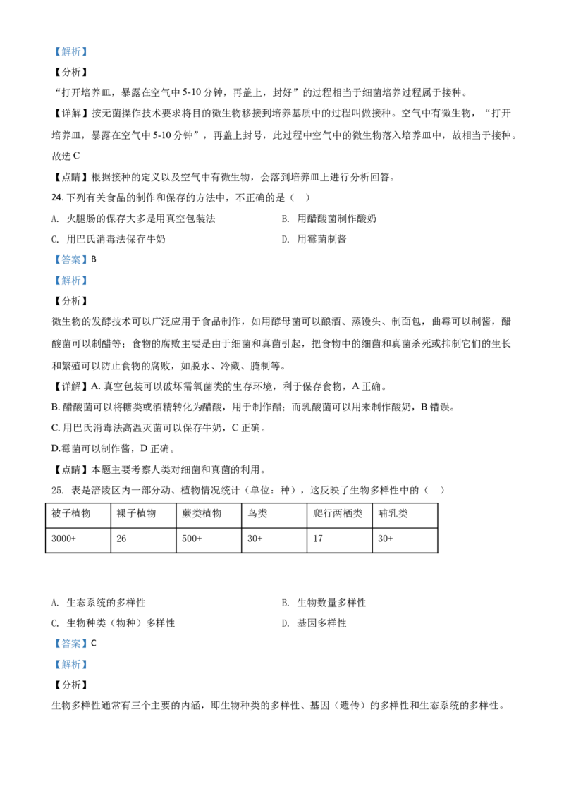 精品解析：重庆市涪陵区2020年初中结业考试生物试题（解析版）_中考真题_8.生物中考真题2015-2024年_2020生物真题74份_2020年中考真题精品解析生物（重庆涪陵卷）精编word版