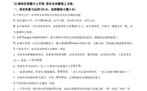 精品解析：湖南省怀化市2019年中考语文试题（原卷版）_中考真题_1.语文中考真题2015-2024年_2019年全国中考语文154份_2019年全国中考YuWen154份