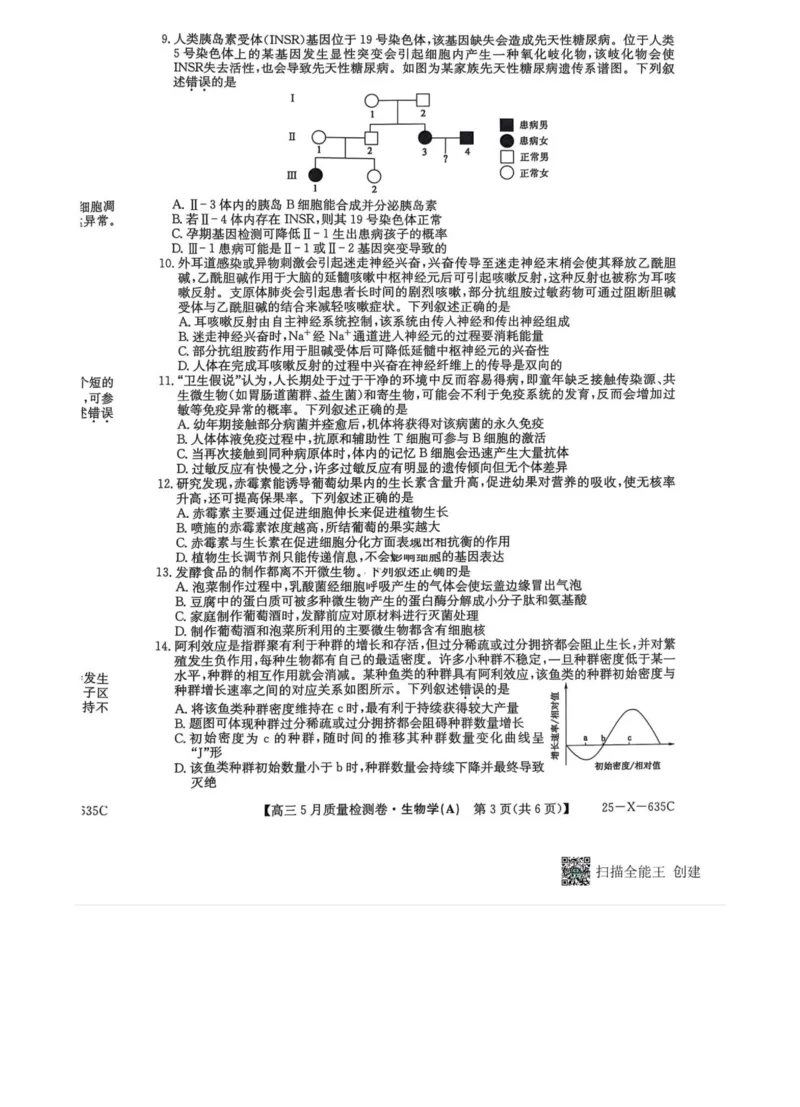 三晋卓越联盟2025届高三5月质量检测卷生物试题_2025年5月_250525山西三晋卓越联盟&middot;2024-2025学年高三5月质量检测卷(25-X-635C)（全科）