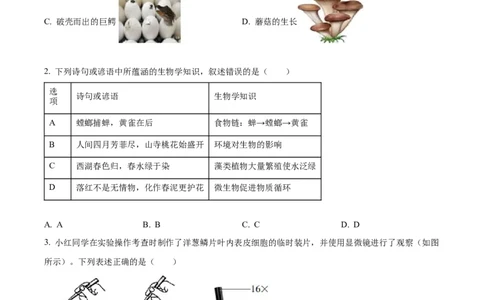 精品解析：湖南省张家界市2022年中考真题（原卷版）_中考真题_8.生物中考真题2015-2024年_2022年全国中考生物114份14