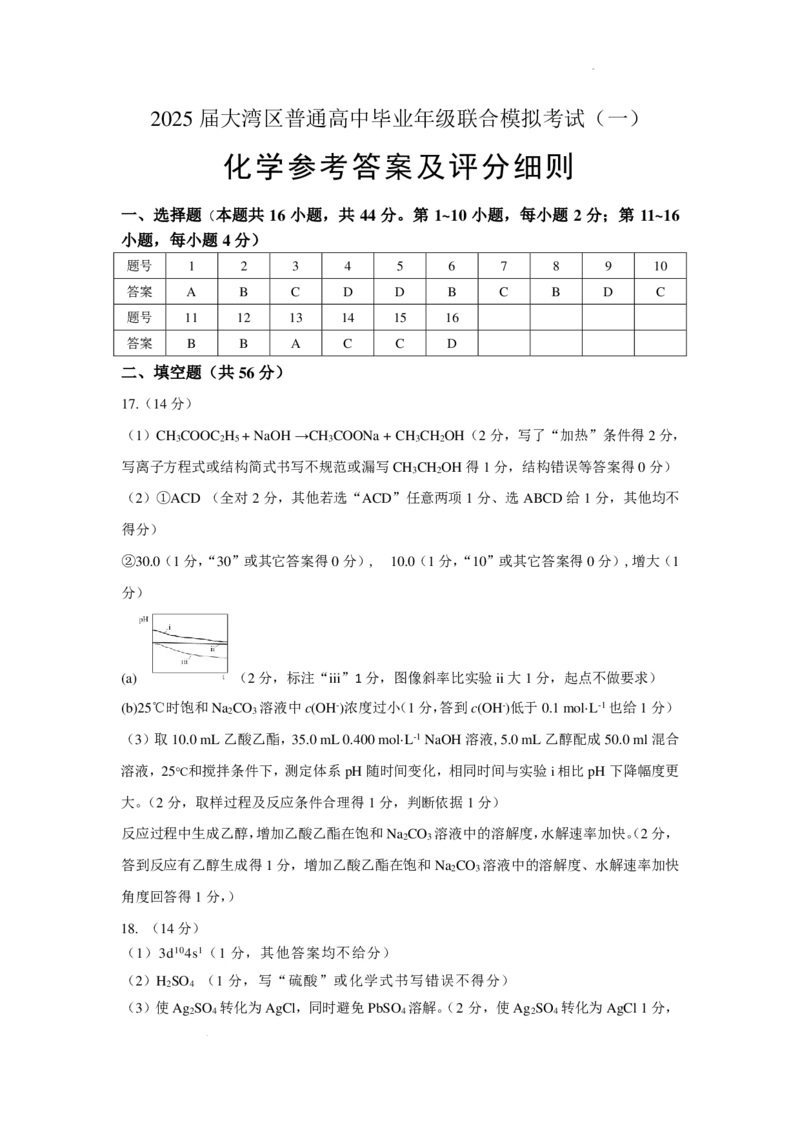 2025届大湾区一模高三化学参考答案及评分细则_2025年1月_2501142025届广东省大湾区普通高中毕业年级联合模拟考试(一)（全科）
