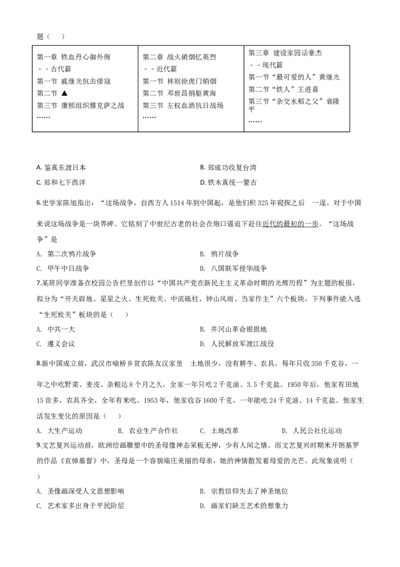 精品解析：山西省2020年中考历史试题（原卷版）_中考真题_6.历史中考真题2015-2024年_2020历史真题79份_2020年中考真题精品解析历史（山西卷）精编word版