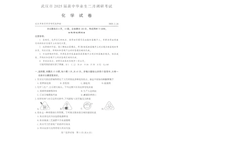25届武汉市二月调考化学试卷_2025年2月_250228武汉市2025届高中毕业生二月调研考试（全科）_武汉市2025届高中毕业生二月调研考试化学