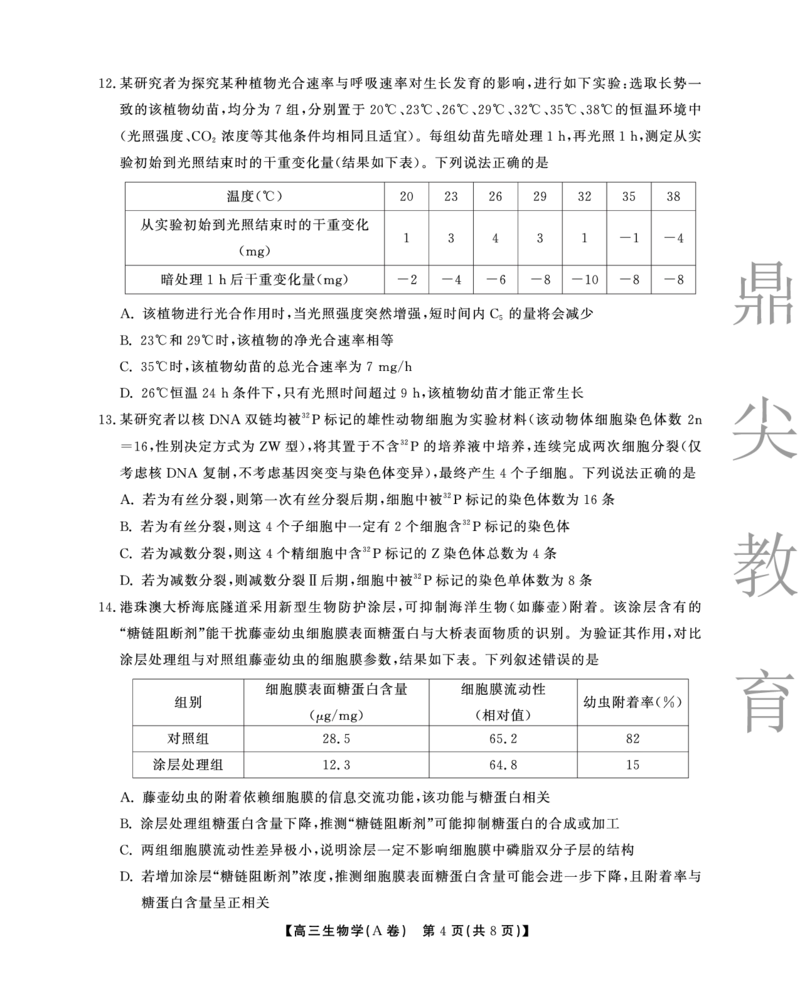 2025-2026学年鼎尖名校大联考生物(A)_2025年10月_251013安徽省鼎尖名校大联考2025-2026学年高三上学期10月月考（全科）