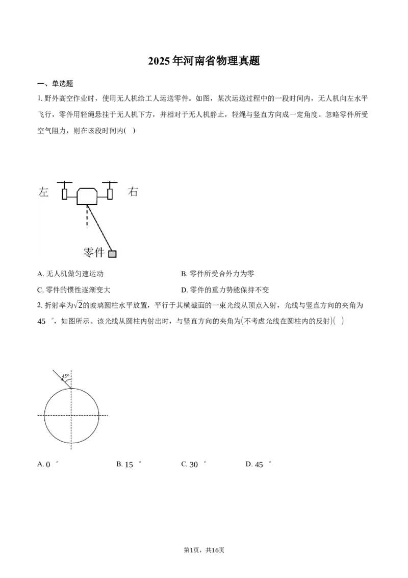 2025《高考真题&bull;河南》物理真题+解析_2025《全国高考真题卷》各地方卷_2025《高考真题&bull;河南》