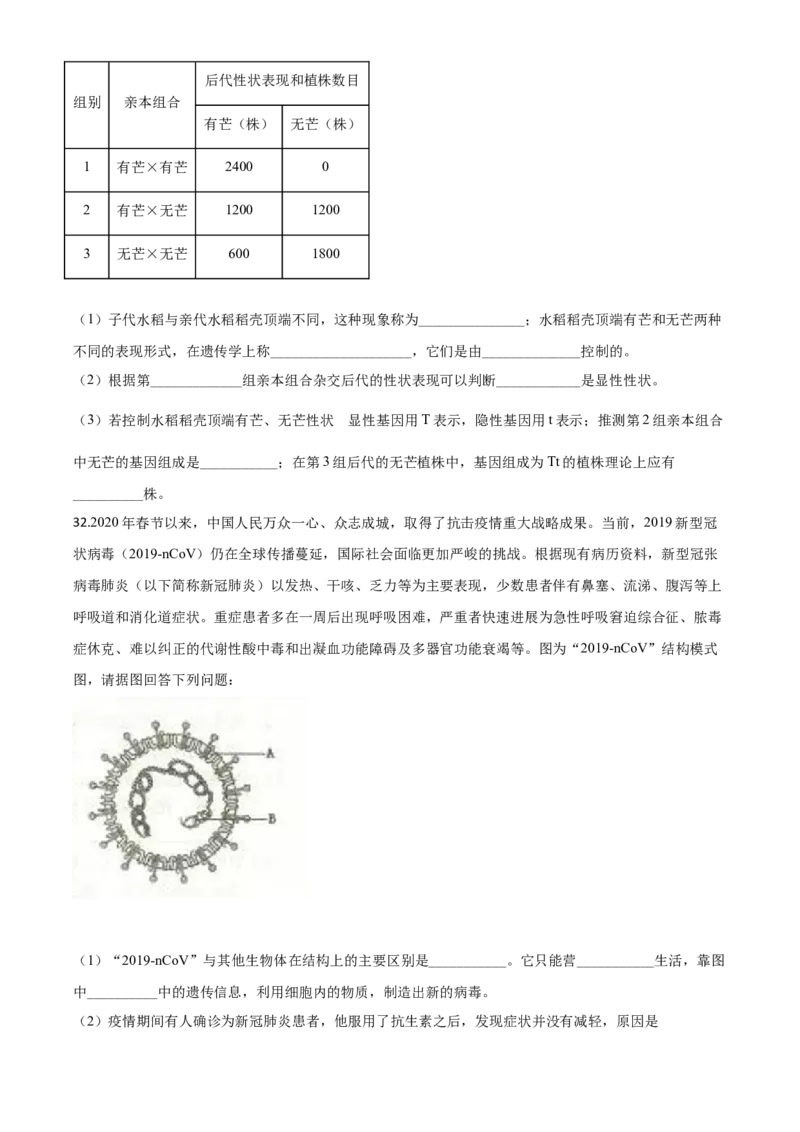 精品解析：山东省临沂市2020年中考生物试题（原卷版）_中考真题_8.生物中考真题2015-2024年_2020生物真题74份_2020年中考真题精品解析生物（山东临沂卷）精编word版