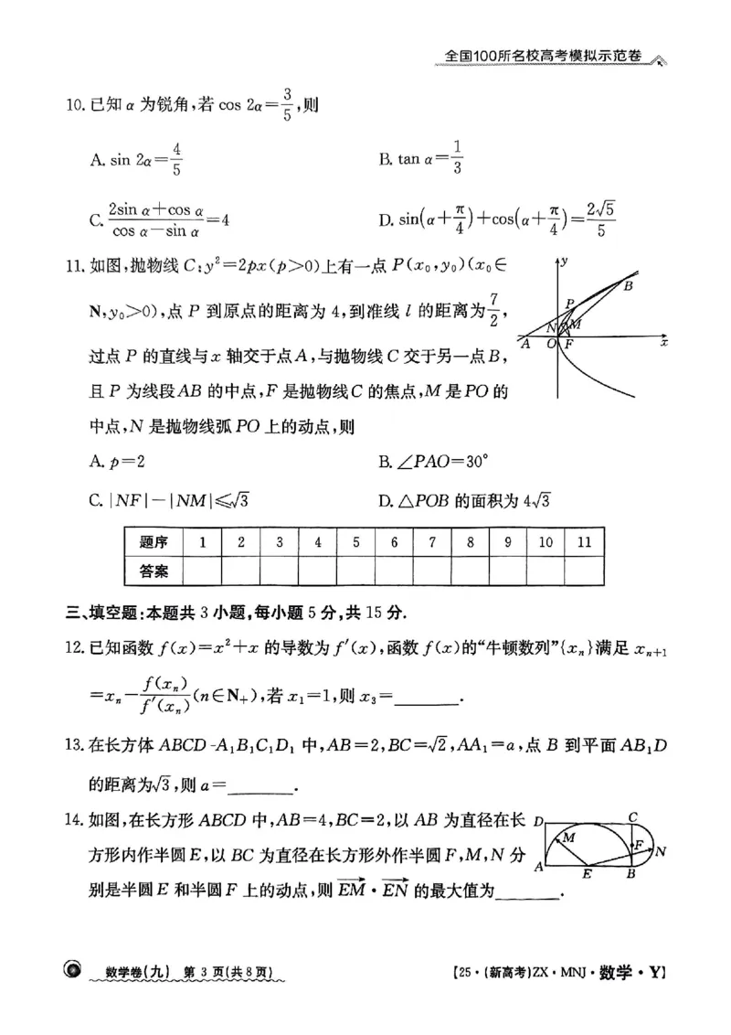 92025年全国100所名校高考模拟示范卷数学（九）_2025年3月_2503302025年全国100所名校高考模拟示范卷数学（一~九）