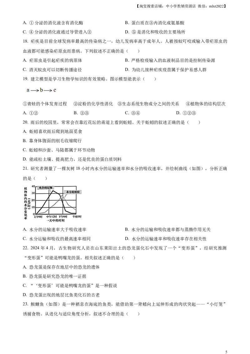 精品解析：2024年山东省烟台市中考生物试题（原卷版）_中考真题_8.生物中考真题2015-2024年_2024年中考生物真题_精品解析：2024年山东省烟台市中考生物试题