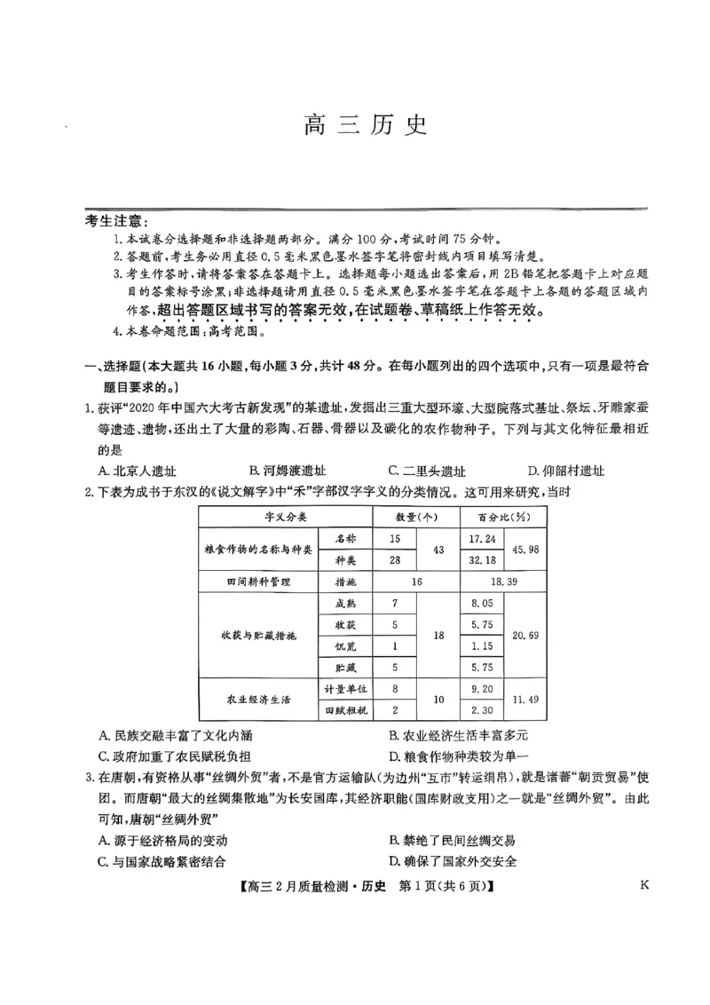 历史_2025年2月_250228九师联盟2025届高三2月质量检测（2.27-2(1).28）（全科）_九师联盟2025届高三2月质量检测历史