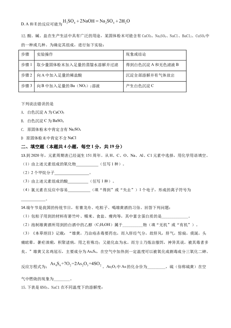 精品解析：四川省广安市2020年中考化学试题（原卷版）_中考真题_5.化学中考真题2015-2024年_2020中考化学真题（113份）_2020年中考真题精品解析化学（四川广安卷）精编word版