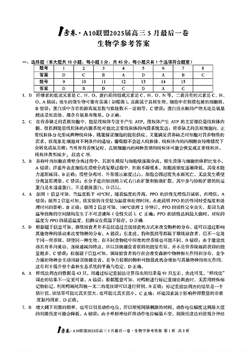 1号卷&middot;A10联盟2025届高三5月最后一卷生物答案_2025年5月_250519安徽省1号卷&middot;A10联盟2025届高三5月最后一卷（全科）
