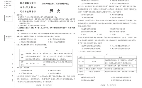 2025届东北三省三校（哈尔滨师大附中、东北师大附中、辽宁省实验中学）高三下学期第二次联合模拟考试历史试题_2025年4月