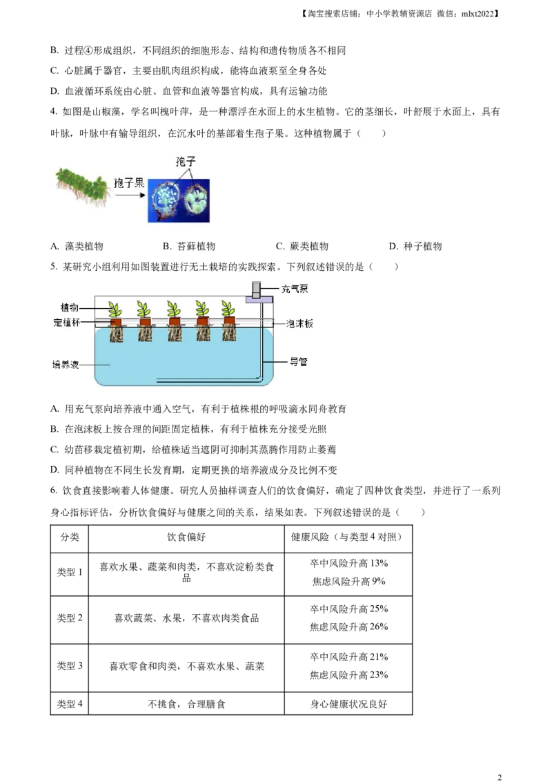 精品解析：2024年山东省泰安市中考生物真题（原卷版）_中考真题_8.生物中考真题2015-2024年_2024年中考生物真题_精品解析：2024年山东省泰安市中考生物真题
