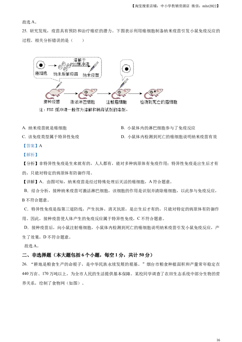 精品解析：2024年山东省烟台市中考生物试题（解析版）_中考真题_8.生物中考真题2015-2024年_2024年中考生物真题_精品解析：2024年山东省烟台市中考生物试题