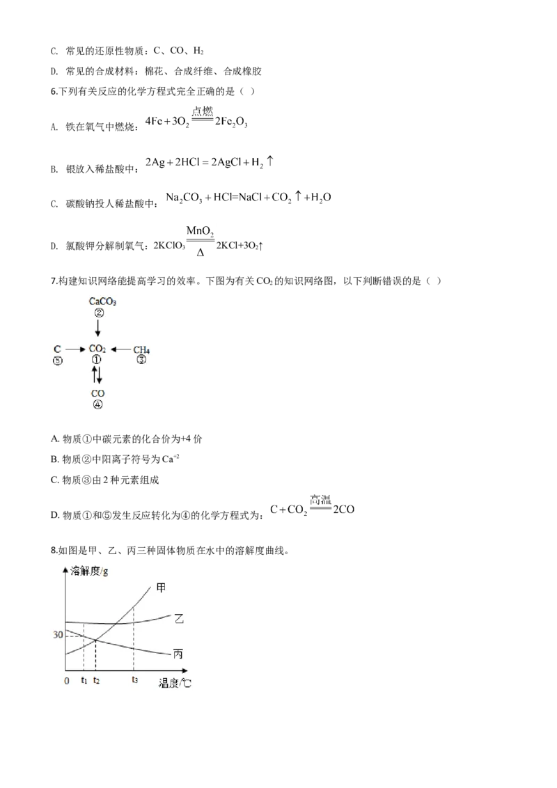 精品解析：四川省眉山市2020年中考化学试题（原卷版）_中考真题_5.化学中考真题2015-2024年_2020中考化学真题（113份）_2020年中考真题精品解析化学（四川眉山卷）精编word版