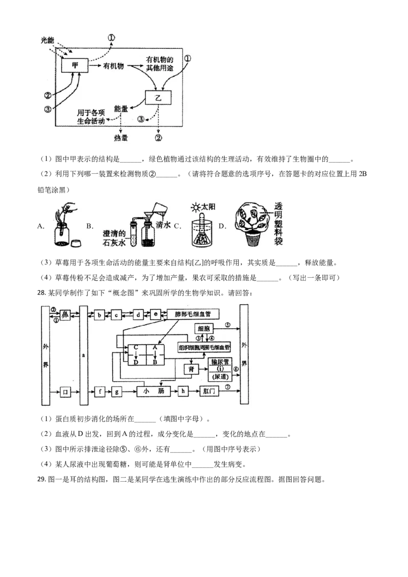 精品解析：内蒙古赤峰市2020年中考生物试题（原卷版）_中考真题_8.生物中考真题2015-2024年_2020生物真题74份_2020年中考真题精品解析生物（内蒙古赤峰卷）精编word版