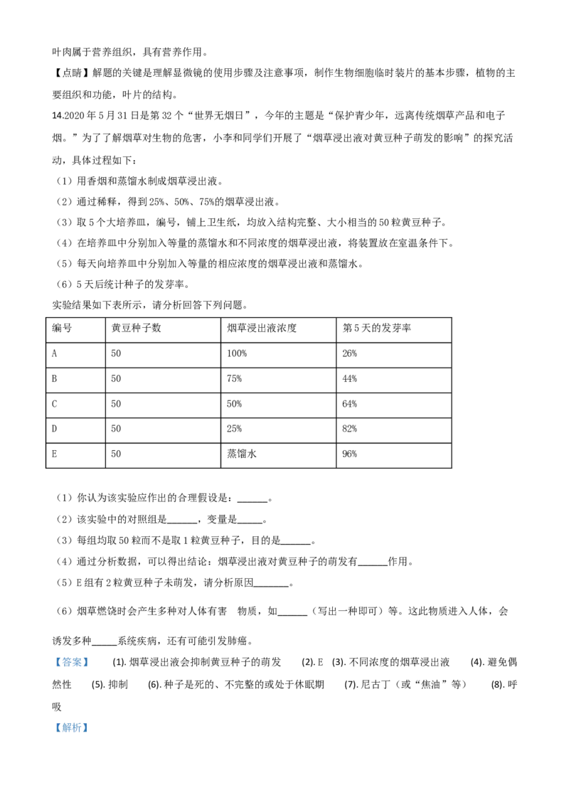 精品解析：甘肃省平凉市2020年中考生物试题（解析版）_中考真题_8.生物中考真题2015-2024年_2020生物真题74份_2020年中考真题精品解析生物（甘肃平凉卷）精编word版