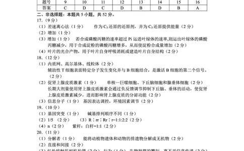 云南省大理州2025届高中毕业生第二次复习统一检测生物答案_2025年1月_250123云南省大理州2025届高中毕业生第二次复习统一检测试卷（全科）