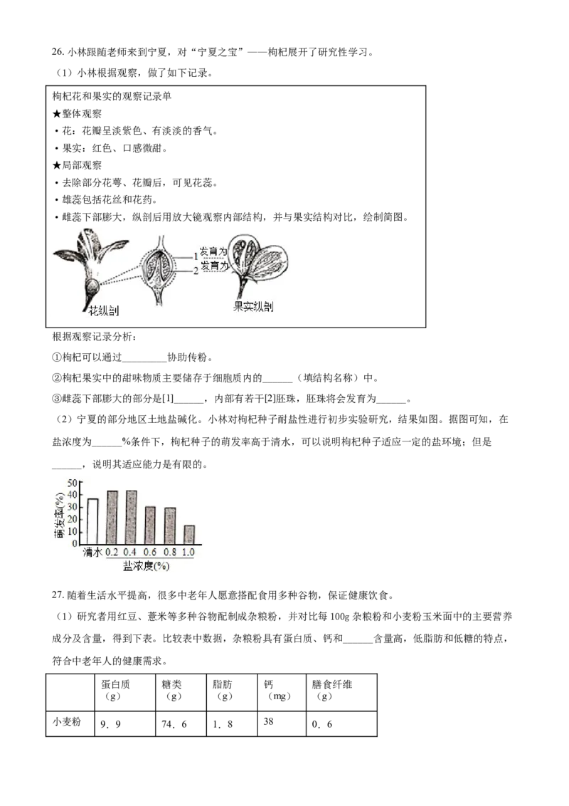 精品解析：北京市2021年中考生物试题（原卷版）_中考真题_8.生物中考真题2015-2024年_2021中考生物真题64份_2021北京_精品解析：北京市2021年中考生物试题