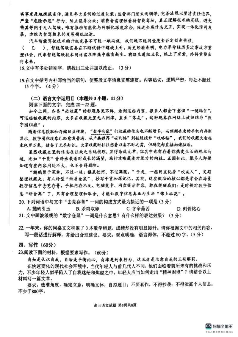 2025届安徽师范大学附属中学高三下学期5月考前适应性检测语文试题（含答案）_2025年5月_250529安徽师范大学附属中学2025届高三下学期模拟预测（全科）