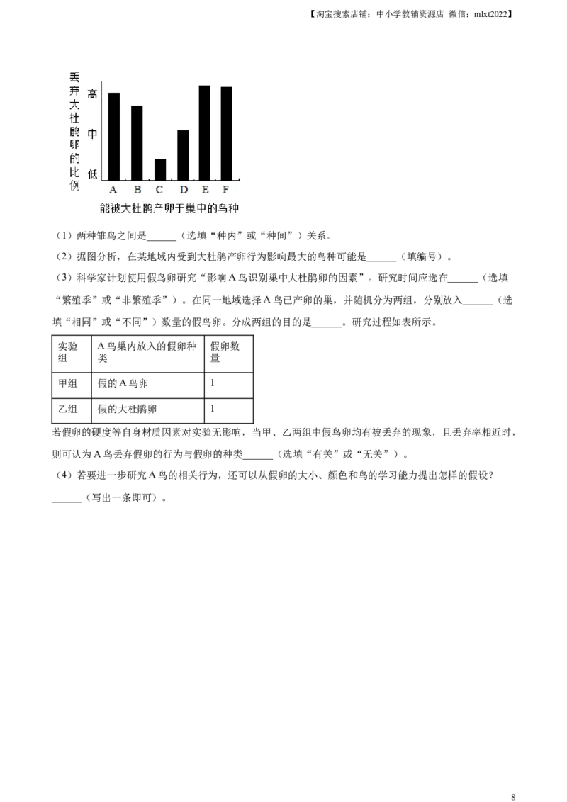 精品解析：2024年上海市中考生物试题（原卷版）_中考真题_8.生物中考真题2015-2024年_2024年中考生物真题_精品解析：2024年上海市中考生物试题