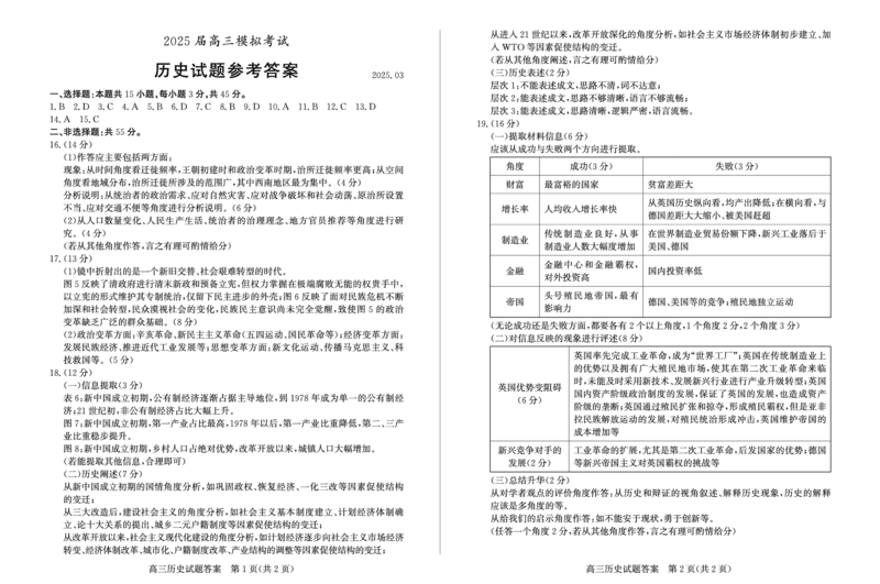 历史答案_2025年3月_250319山东省枣庄市2025届高三模拟考试（枣庄二调）（全科）_山东省枣庄市2025届高三模拟考试（枣庄二调）历史