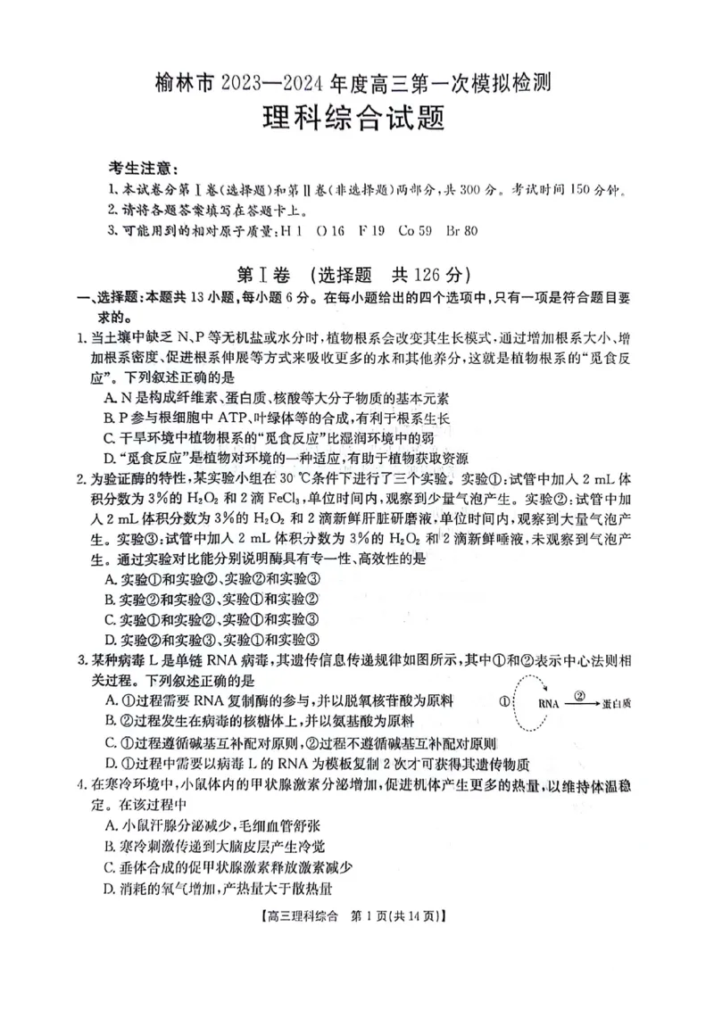 陕西省榆林市、商洛市、安康市2024届高三第一次模拟检测理综_2024届陕西省榆林市、商洛市、安康市高三第一次模拟检测