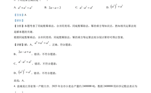 精品解析：2024年江苏省盐城市中考数学试题（解析版）_中考真题_2.数学中考真题2015-2024年_2024中考数学真题