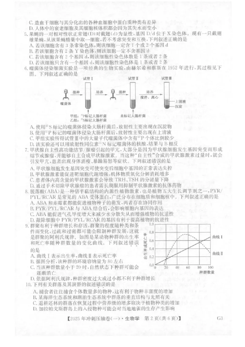 2025年普通高中学业水平选择性考试冲刺压轴卷（一)生物试卷（含答案）_2025年4月_2504042025年普通高中学业水平选择性考试冲刺压轴卷（一)