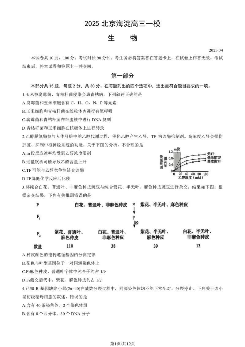 2025北京海淀高三一模生物试题及答案_2025年4月_250413北京市海淀区2025年高三一模（全科）