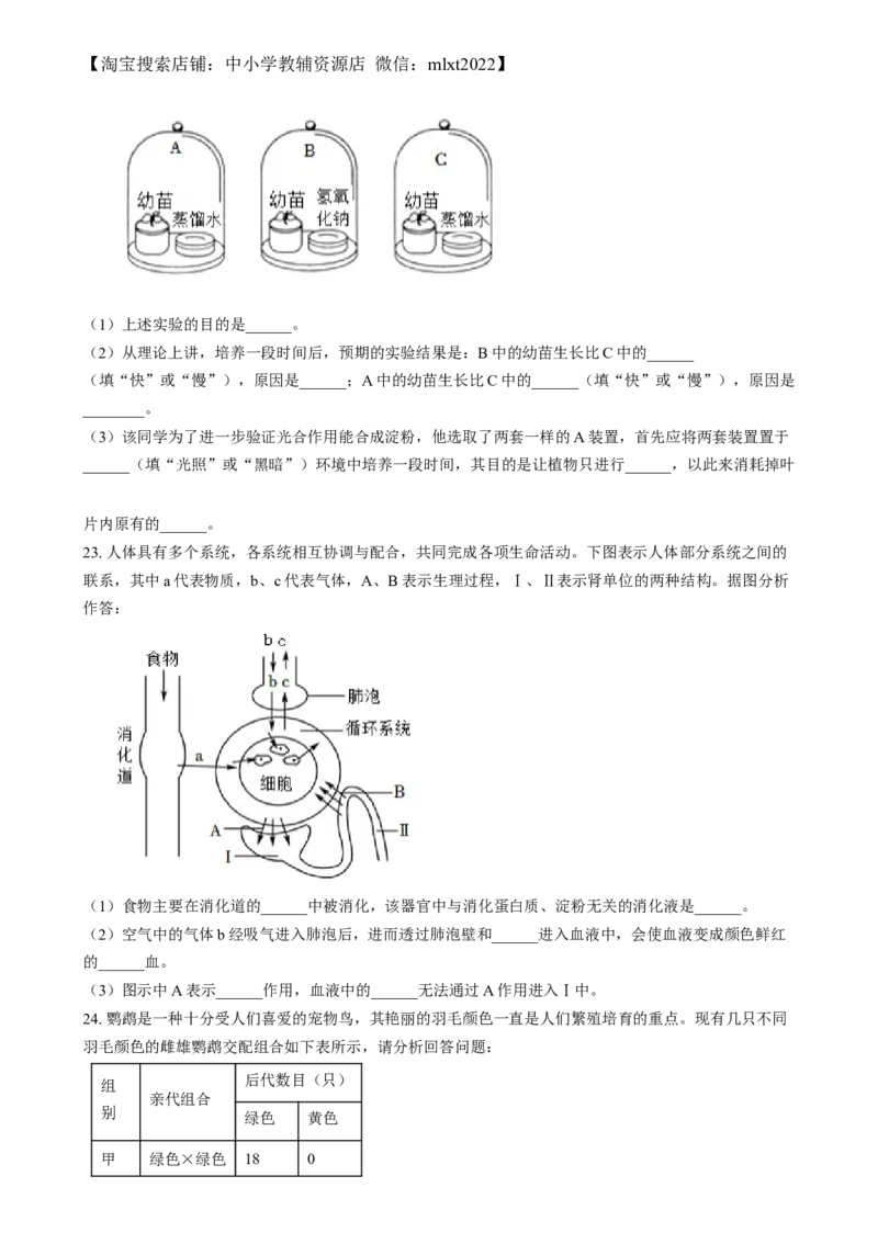 精品解析：2024年四川省眉山市中考生物试题（原卷版）_中考真题_8.生物中考真题2015-2024年_2024年中考生物真题_精品解析：2024年四川省眉山市中考生物试题