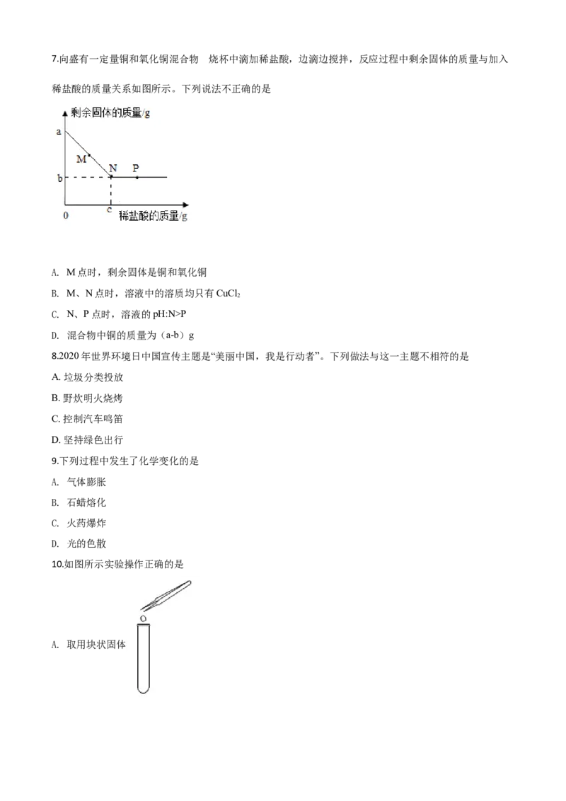 精品解析：河北省2020年中考化学试题（原卷版）_中考真题_5.化学中考真题2015-2024年_2020中考化学真题（113份）_2020年中考真题精品解析化学（河北卷）精编word版