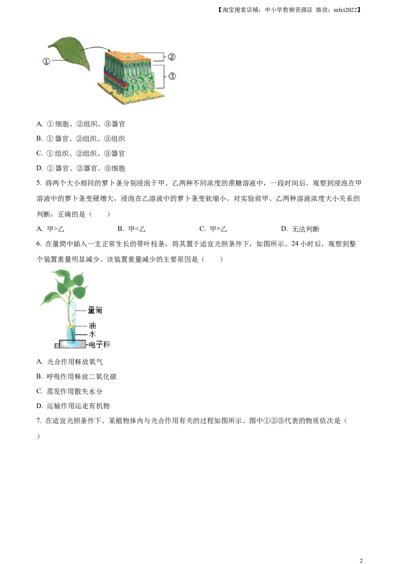精品解析：2024年四川省成都市中考生物试题（原卷版）_中考真题_8.生物中考真题2015-2024年_2024年中考生物真题_精品解析：2024年四川省成都市初中学业水平考试（中考）生物学试题