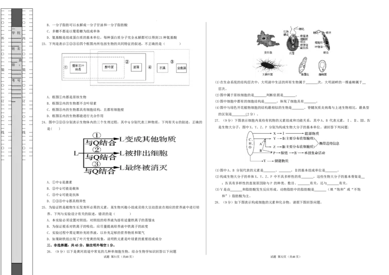 高一生物第一次月考卷（考试版A3）测试范围：必修1第1-2章（人教版2019）_1多考区联考试卷_0922黄金卷：2024-2025学年高一上学期第一次月考9科word解析版含答题卡（江苏专用）