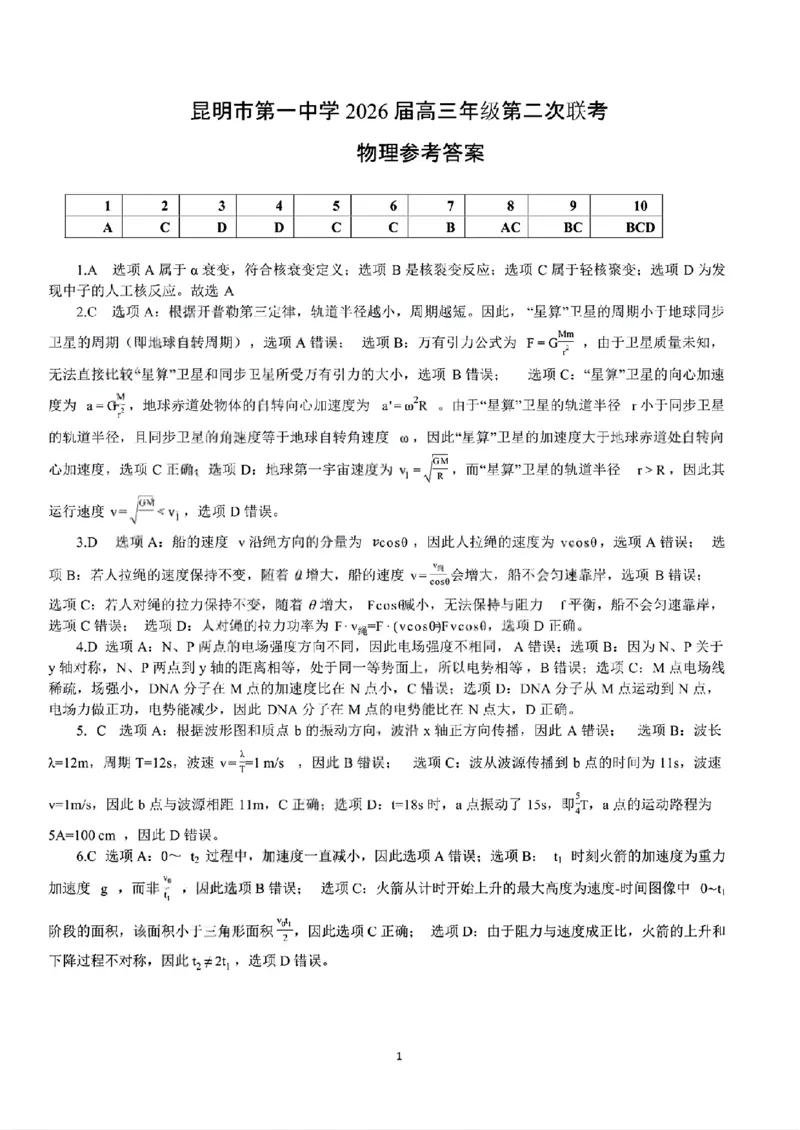 云南省昆明市第一中学2026届高三年级第二次联考物理答案_2025年10月_251001云南省昆明市第一中学2025-2026学年高三上学期第二次联考（全科）
