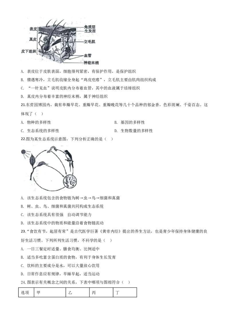 精品解析：山东省东营市2020年中考生物试题（原卷版）_中考真题_8.生物中考真题2015-2024年_2020生物真题74份_2020年中考真题精品解析生物（山东东营卷）精编word版