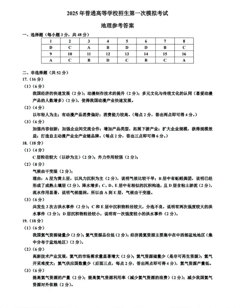内蒙古自治区呼和浩特市2025届高三第一次模拟考试地理答案_2025年3月_250314内蒙古自治区呼和浩特市2025届高三第一次模拟考试（鄂尔多斯市，阿拉善盟）（全科）