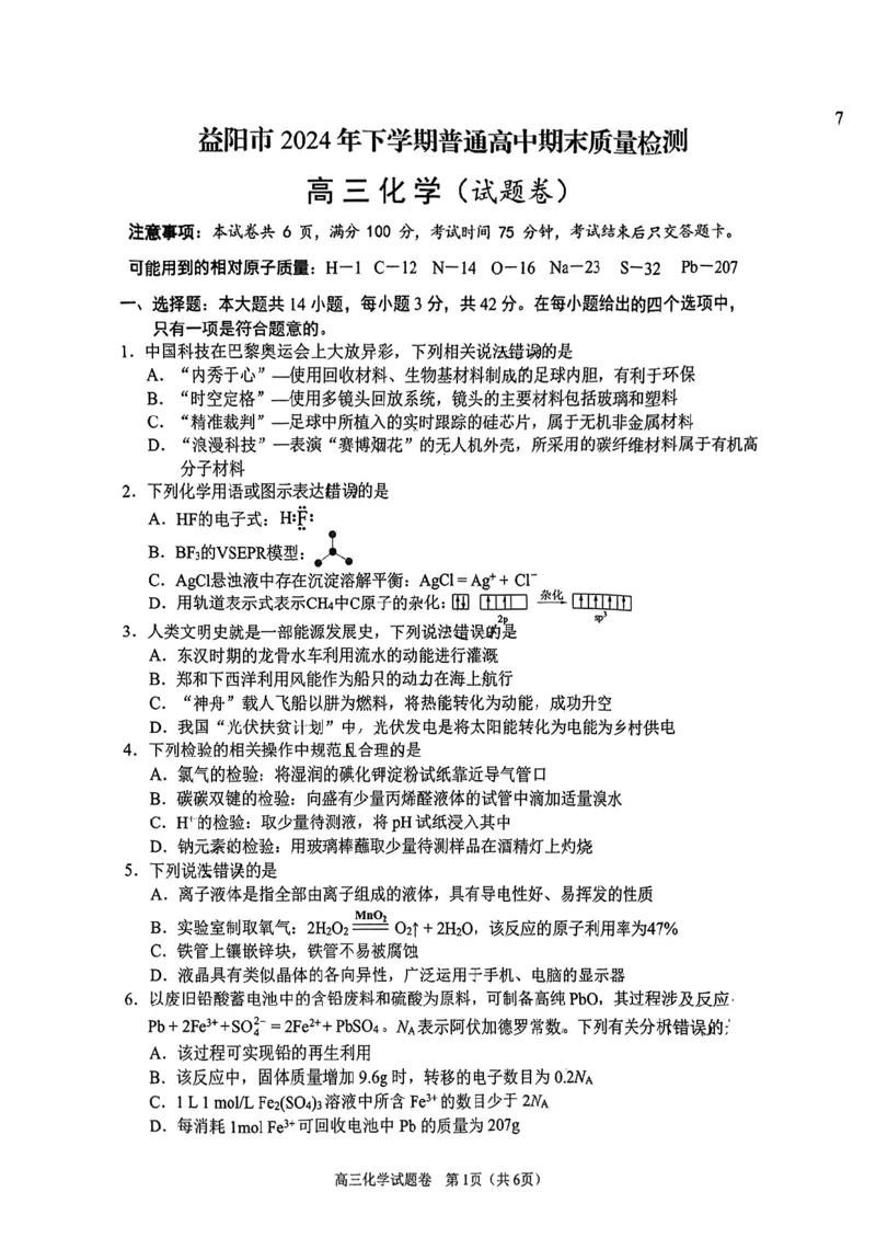 2024-2025学年上学期湖南省益阳市高三化学期末(试题卷)_2025年1月_250120湖南益阳市2024-2025学年高三上学期期末考试_化学