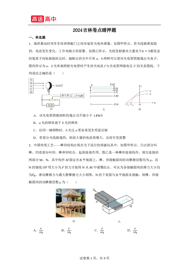 12_2024吉林卷点睛押题_2024高考押题卷_132024高途全系列_26高途点睛卷_2024点睛密卷-物理