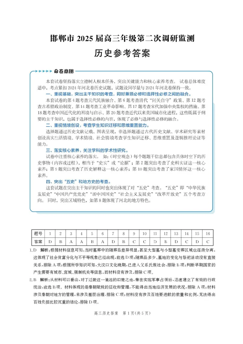 2025届河北省邯郸市高三第二次调研考试历史试卷_2025年1月_250109河北省邯郸市2025届高三上学期第二次调研监测_河北省邯郸市2025届高三第二次调研历史