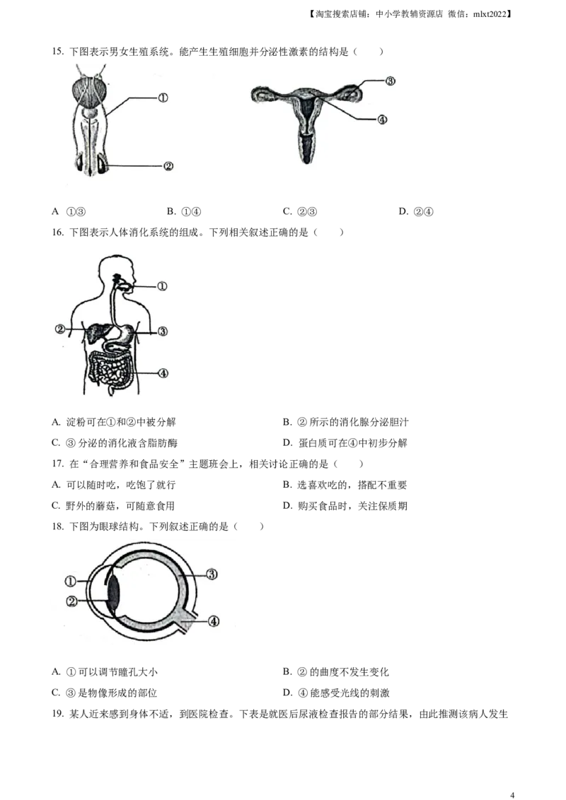 精品解析：2024年新疆生产建设兵团中考生物试题（原卷版）_中考真题_8.生物中考真题2015-2024年_2024年中考生物真题_精品解析：2024年新疆生产建设兵团中考生物试题
