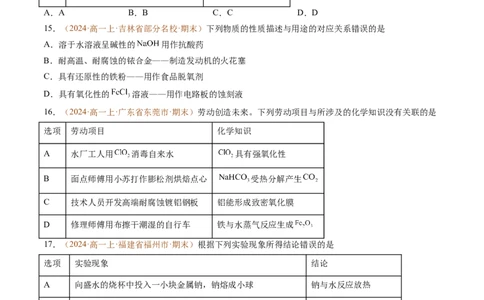 题型01选择题常考题型（原卷版）_1多考区联考试卷_0108好题汇编备战2024-2025学年高一化学上学期期末真题分类汇编（新高考通用）